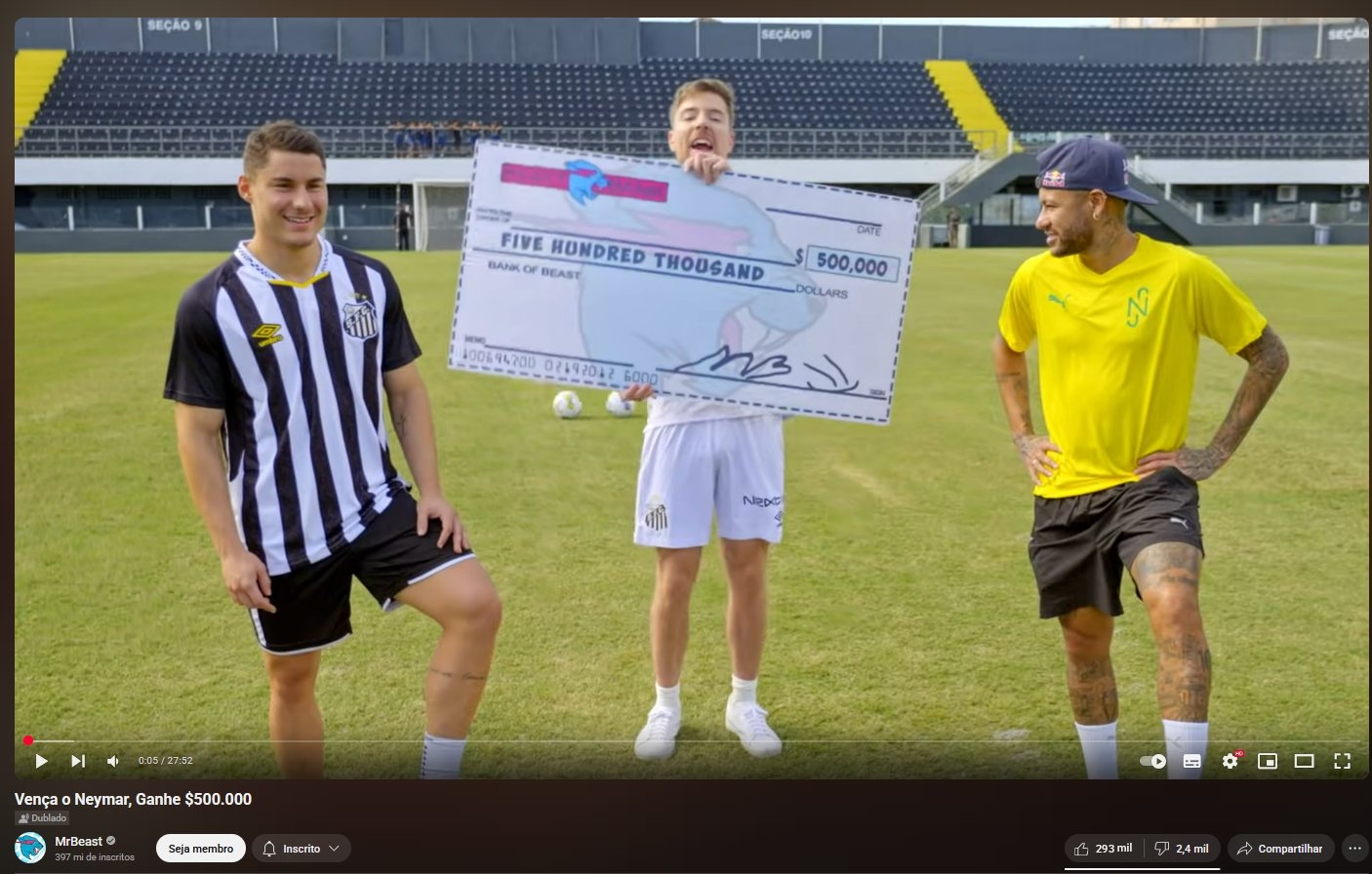 錯失50萬美元獎金！網(wǎng)紅MrBeast發(fā)起，內(nèi)馬爾射門挑戰(zhàn)不敵球迷