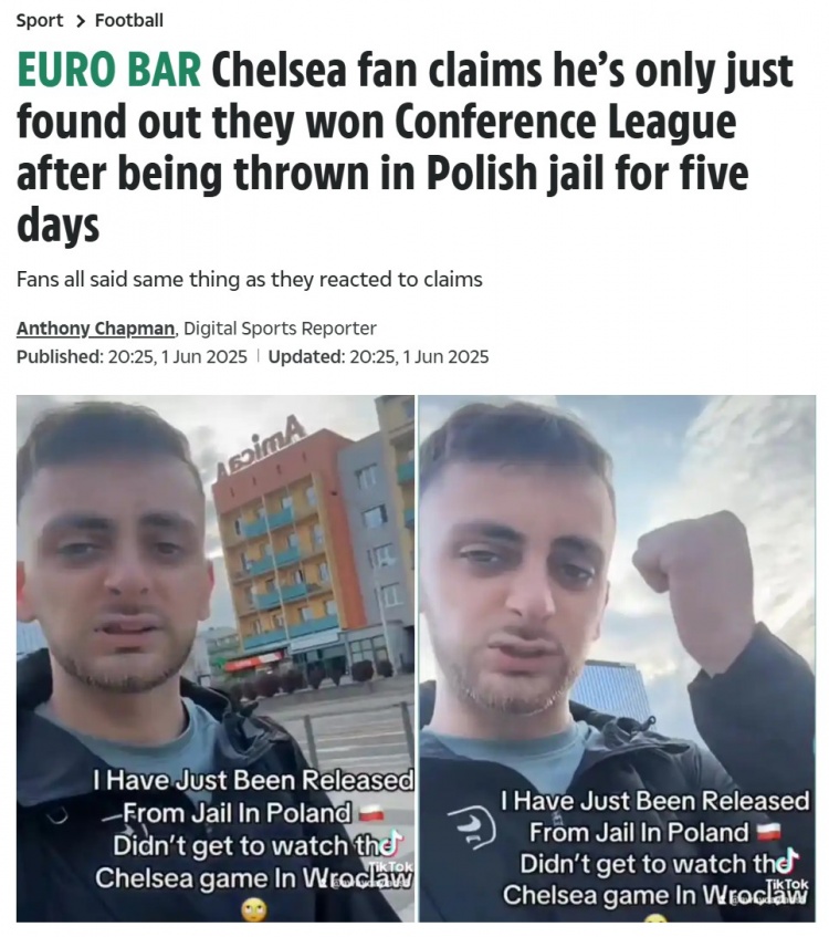 太陽報：一藍(lán)軍球迷因斗毆在波蘭被關(guān)了5天 釋放后才得知球隊奪冠