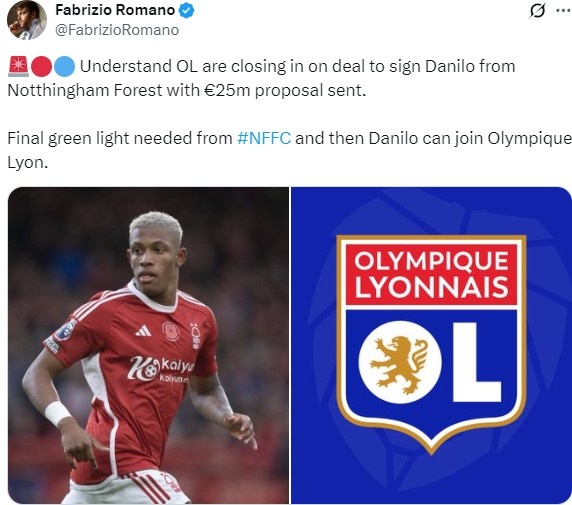 羅馬諾：轉(zhuǎn)會(huì)費(fèi)2500萬(wàn)歐，里昂接近和森林就簽下中場(chǎng)達(dá)尼洛達(dá)協(xié)議