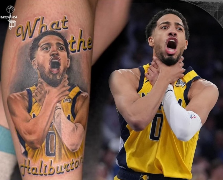 真愛粉??步行者球迷在小腿上紋了哈利伯頓扼喉慶祝動作的紋身