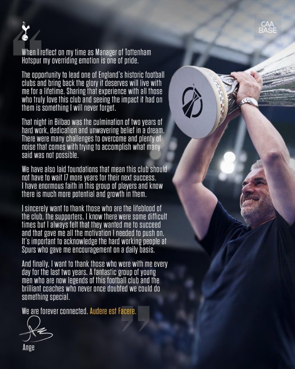 澳波社媒告別熱刺：回顧兩年執(zhí)教滿是自豪，贏得歐聯(lián)杯將終生難忘