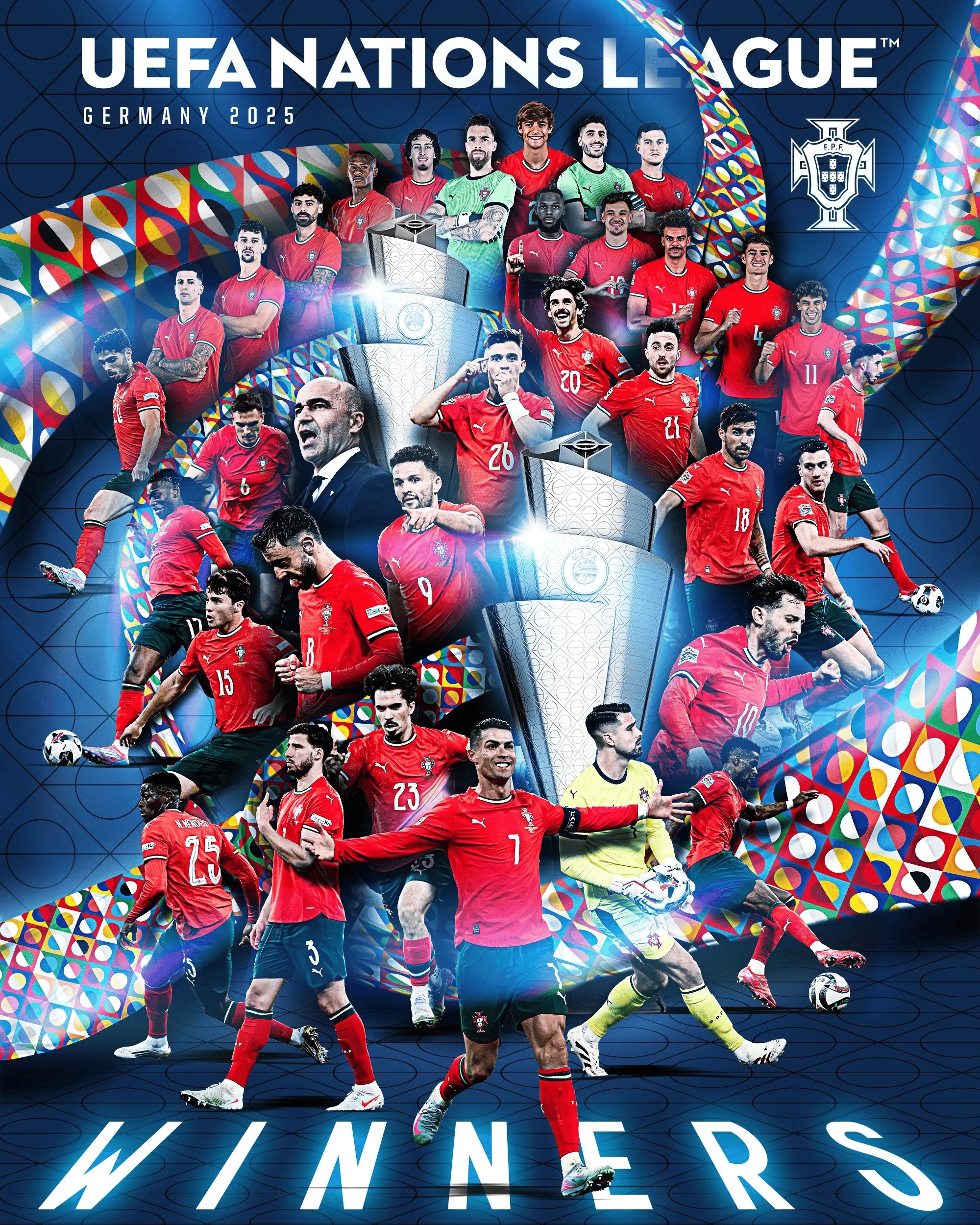 葡萄牙隊曬奪冠海報：兩座歐國聯(lián)獎杯，C羅占據(jù)C位