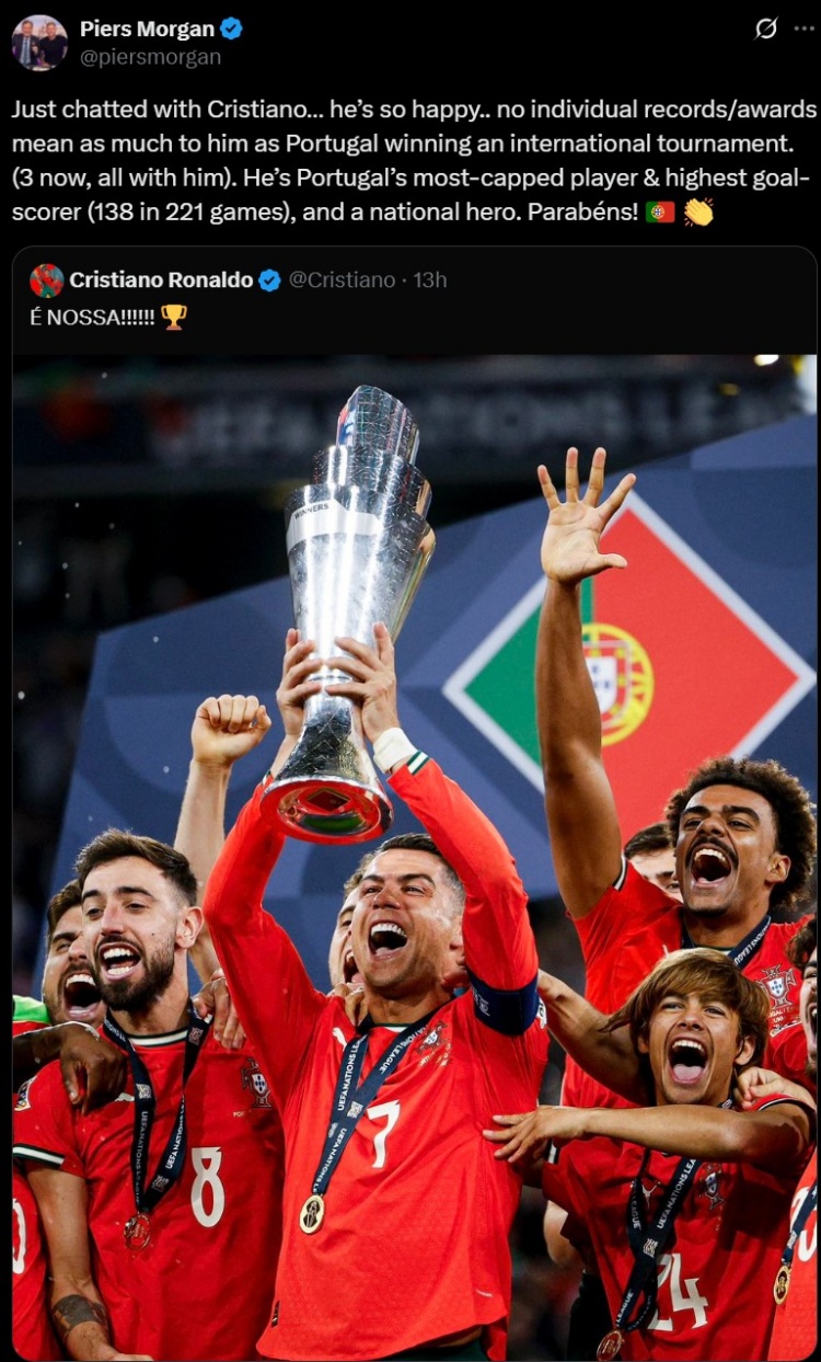 摩根社媒：沒(méi)有任何個(gè)人榮譽(yù)比葡萄牙奪冠對(duì)C羅意味著更多