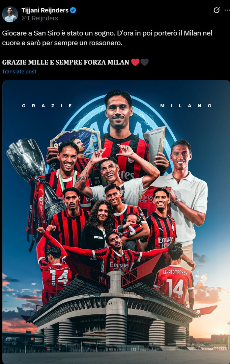 賴因德斯社媒告別米蘭：在圣西羅出場是我的夢想，永遠(yuǎn)是米蘭球迷