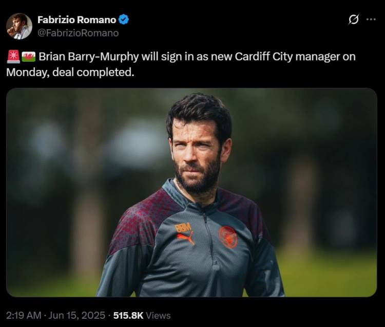 羅馬諾：巴里-墨菲將出任卡迪夫城新帥，周一簽約&交易已完成