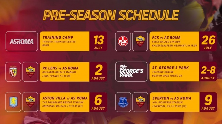 官方：羅馬將與凱澤斯勞滕、朗斯、維拉進(jìn)行季前熱身賽