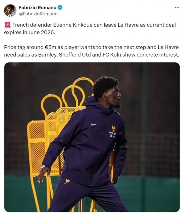 羅馬諾：勒阿弗爾中衛(wèi)金庫(kù)可能離隊(duì)&標(biāo)價(jià)500萬(wàn)歐，伯恩利等隊(duì)有意