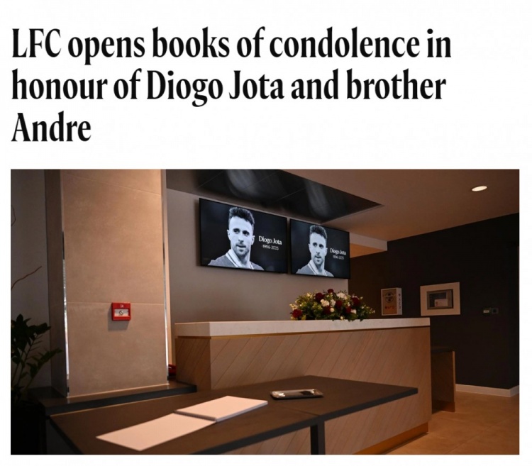 利物浦為若塔及其兄弟設吊唁簿，安菲爾德降半旗商店關(guān)閉至7號