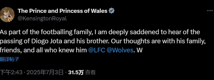 威廉王子&凱特王妃悼念若塔：深感悲痛，我們與他的家人朋友同在