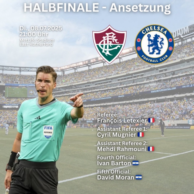 官方：法國名哨弗朗索瓦-萊特西耶將吹罰弗魯米嫩塞vs切爾西