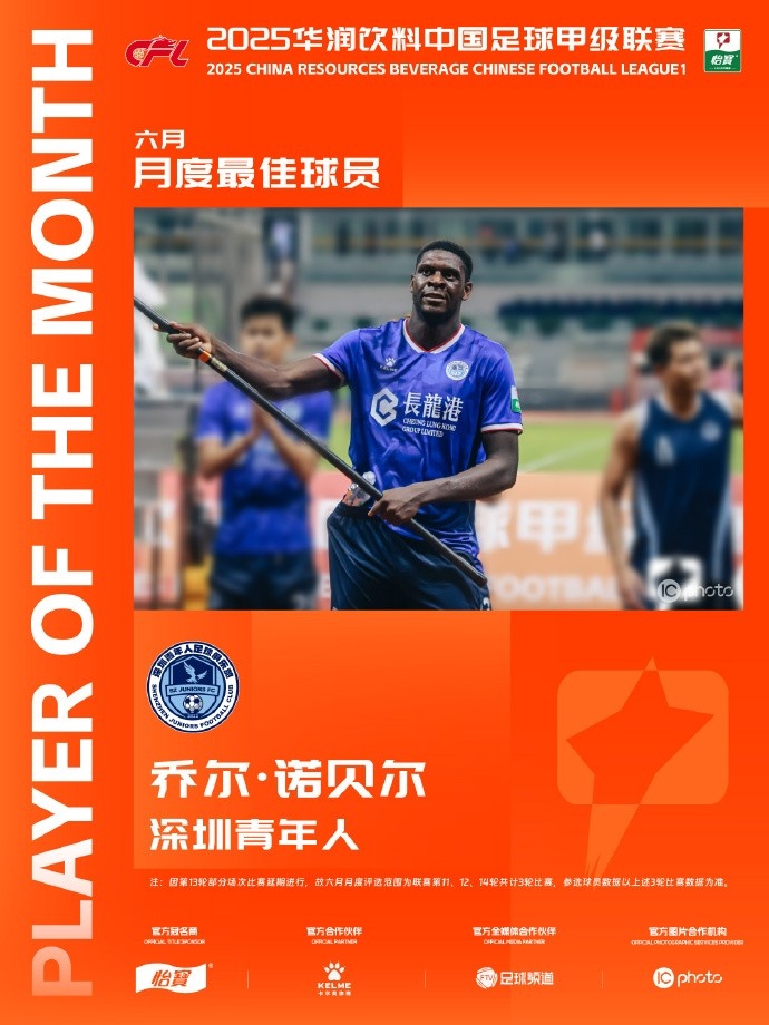 3場4球1助！中甲官方：深圳青年人前鋒諾貝爾當(dāng)選6月最佳球員