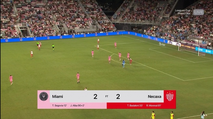 邁阿密國際2-2進點球大戰(zhàn)，按照聯(lián)盟杯賽制點球獲勝積2分