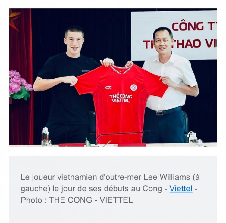 越南媒體：越南電信體工俱樂(lè)部簽下混血球員李-威廉姆斯