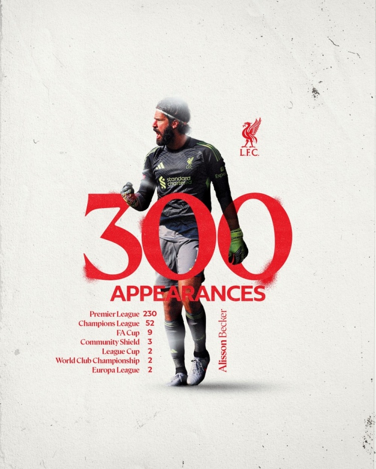 ??安菲爾德守護(hù)神！阿利森迎來利物浦生涯第300場里程碑