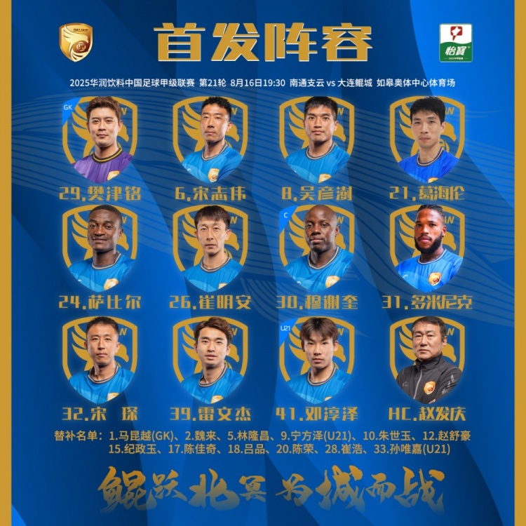 中甲聯(lián)賽第21輪，大連鯤城客場對陣南通支云首發(fā)出爐！