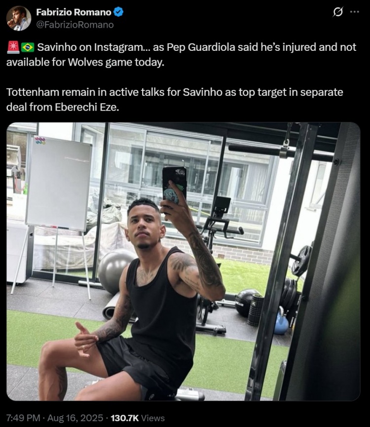 薩維尼奧社媒曬照，羅馬諾：熱刺仍在就簽下這名球員積極談判