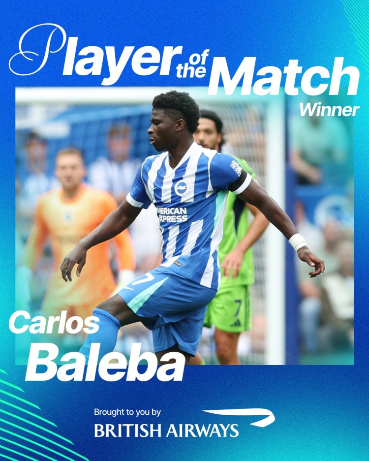 3次攔截全場(chǎng)最高，巴萊巴當(dāng)選布萊頓1-1富勒姆一役隊(duì)內(nèi)最佳