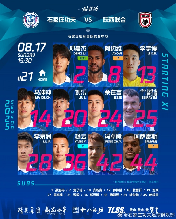 石家莊功夫主場對陣陜西聯(lián)合首發(fā)陣容！李京潤迎來功夫首次首發(fā)