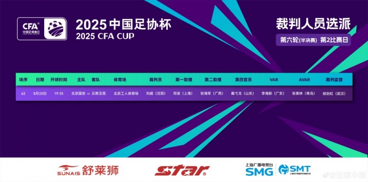 足協(xié)杯北京國(guó)安vs云南玉昆裁判安排：劉威主裁判，李海新VAR