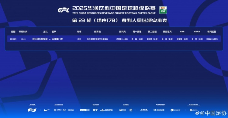 浙江隊(duì)vs津門(mén)虎裁判安排：沈寅豪擔(dān)任主裁判 VAR徐強(qiáng)強(qiáng)