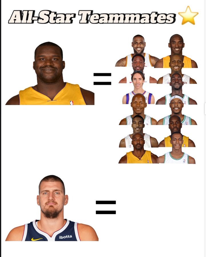 掘金自媒體對(duì)比兩大中鋒全明星隊(duì)友數(shù)：奧尼爾12 約基奇生涯至今0