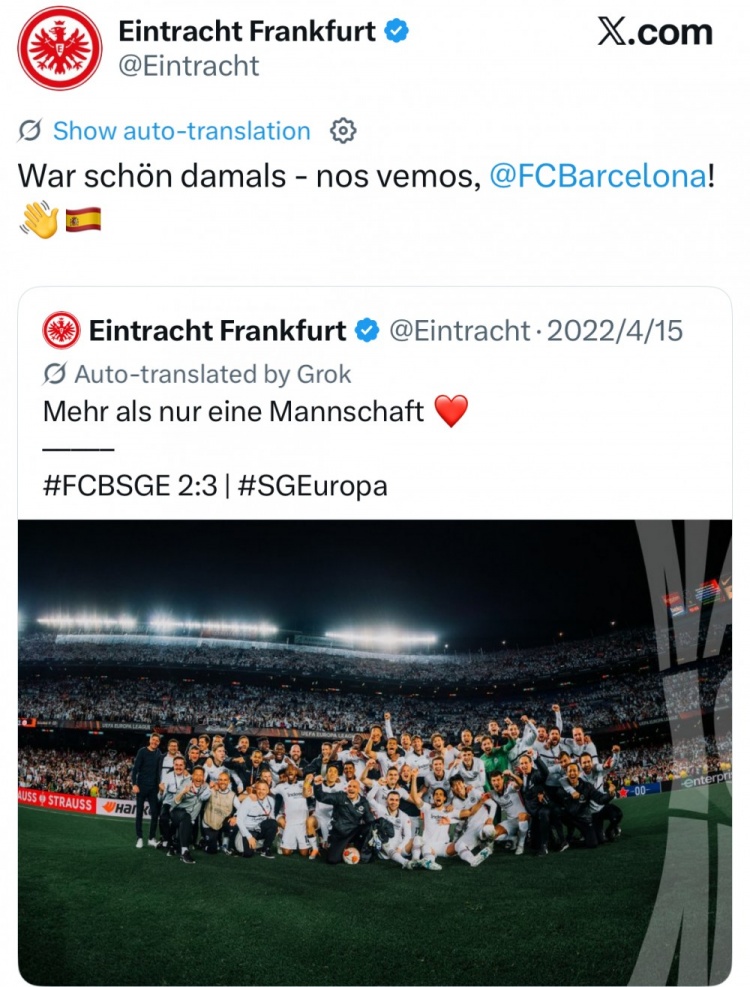 再度重相逢，法鷹官方回顧22年歐聯(lián)杯客勝巴薩：一段美妙的經(jīng)歷