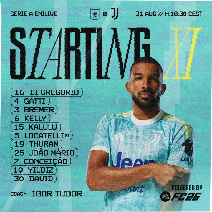 尤文vs熱那亞首發(fā)：戴維、伊爾迪茲、小孔塞桑出戰(zhàn)