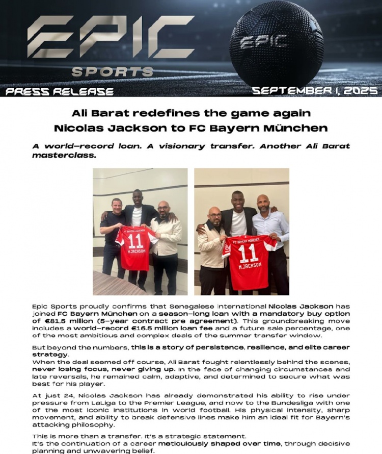 拜仁租杰克遜！經(jīng)紀(jì)公司發(fā)文吹捧：創(chuàng)世界紀(jì)錄的租借，大師級操作