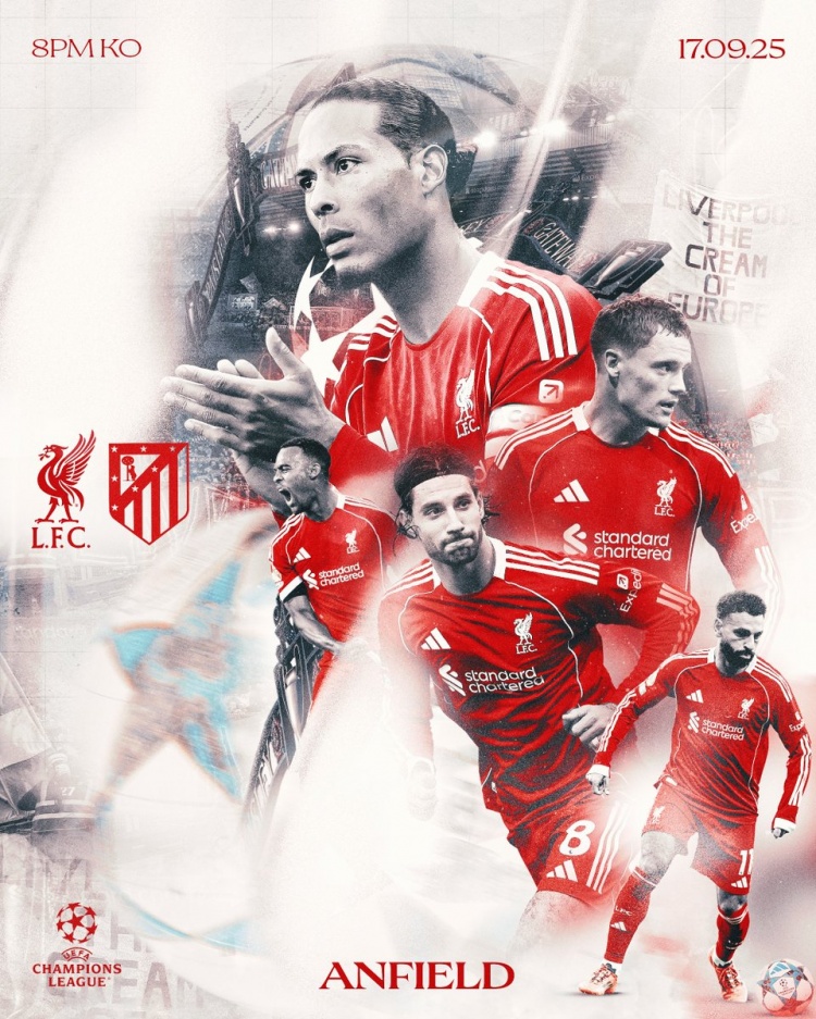 利物浦曬歐冠戰(zhàn)馬競海報：范迪克、薩拉赫+新援維爾茨等多人出鏡