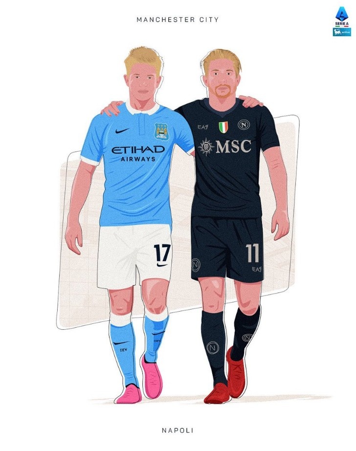 意甲官推曬海報預熱那不勒斯vs曼城：過去和現(xiàn)在的德布勞內(nèi)