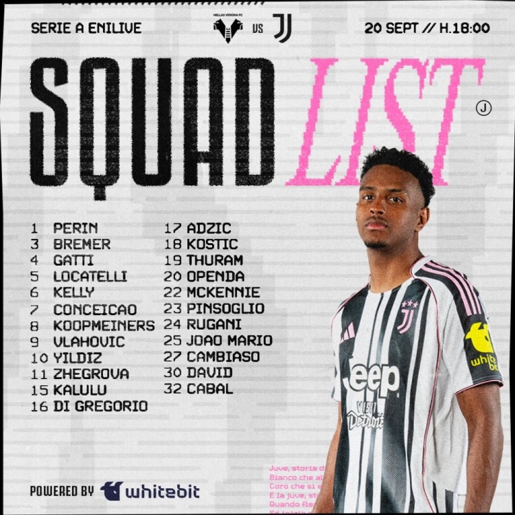 尤文客戰(zhàn)維羅納大名單：DV9領(lǐng)銜鋒線，庫普梅納斯坐鎮(zhèn)中場