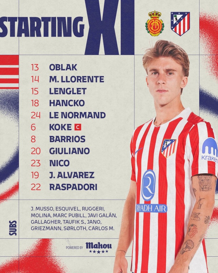 馬競(jìng)首發(fā)：科克、阿爾瓦雷斯先發(fā)，格列茲曼替補(bǔ)