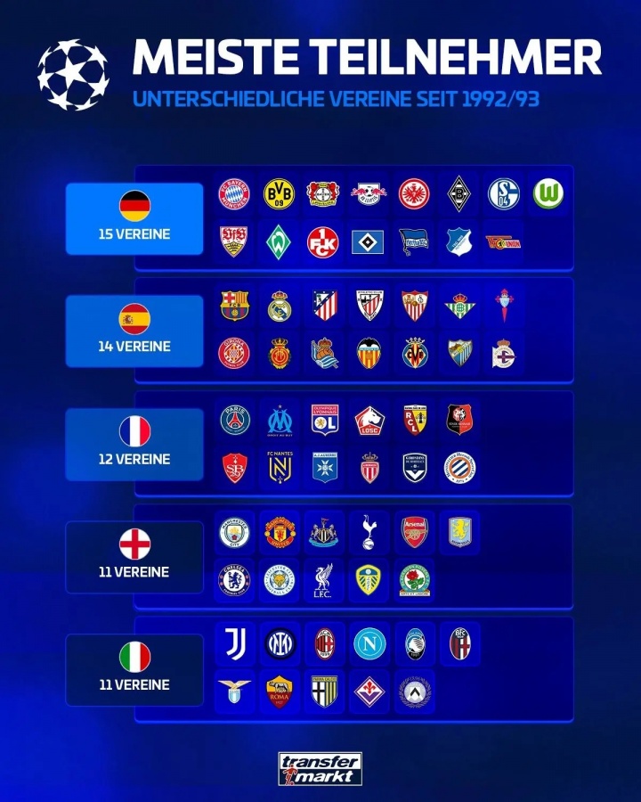 歐冠改制后五大聯(lián)賽參賽排行：德甲15隊居首，英超、意甲11隊最少