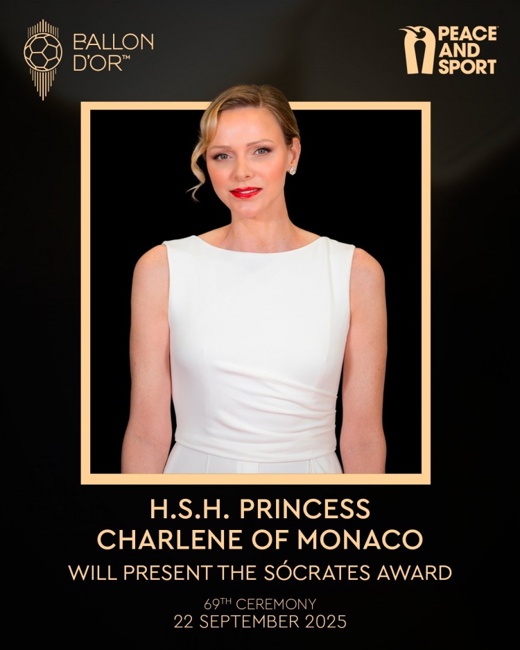 官方：蘇格拉底獎(jiǎng)將由摩納哥夏琳王妃頒發(fā)，她曾是奧運(yùn)游泳選手