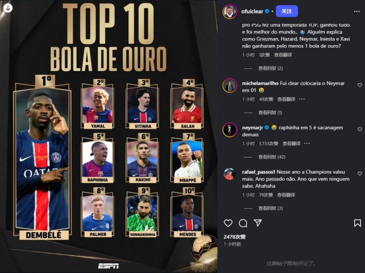 不認(rèn)可排名！內(nèi)馬爾：??拉菲尼亞第五？這簡直是瘋了