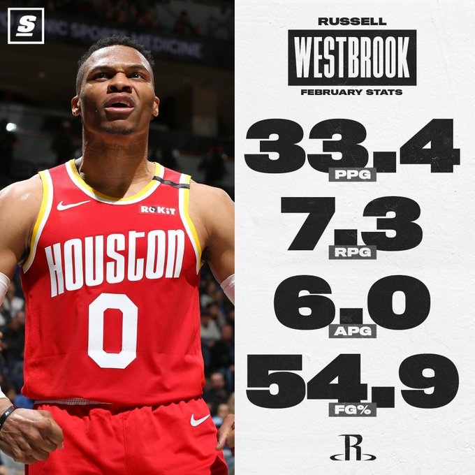 場均33.4分！美媒曬威少20年2月豪華數(shù)據(jù)：他就是火箭需要的控衛(wèi)