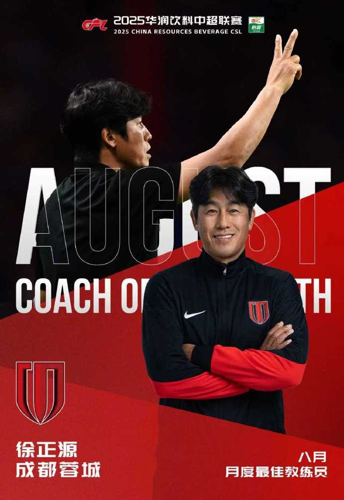 率領(lǐng)蓉城3勝1平！官方：徐正源當(dāng)選中超8月最佳教練