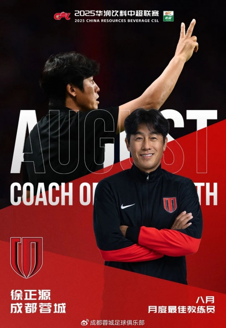 徐正源談當選中超月最佳主帥：深感榮幸，榮譽不僅僅屬于我個人