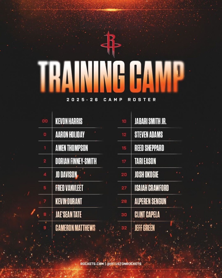 火箭公布訓(xùn)練營(yíng)名單：杜蘭特&申京領(lǐng)銜 范弗里特在列 共18人