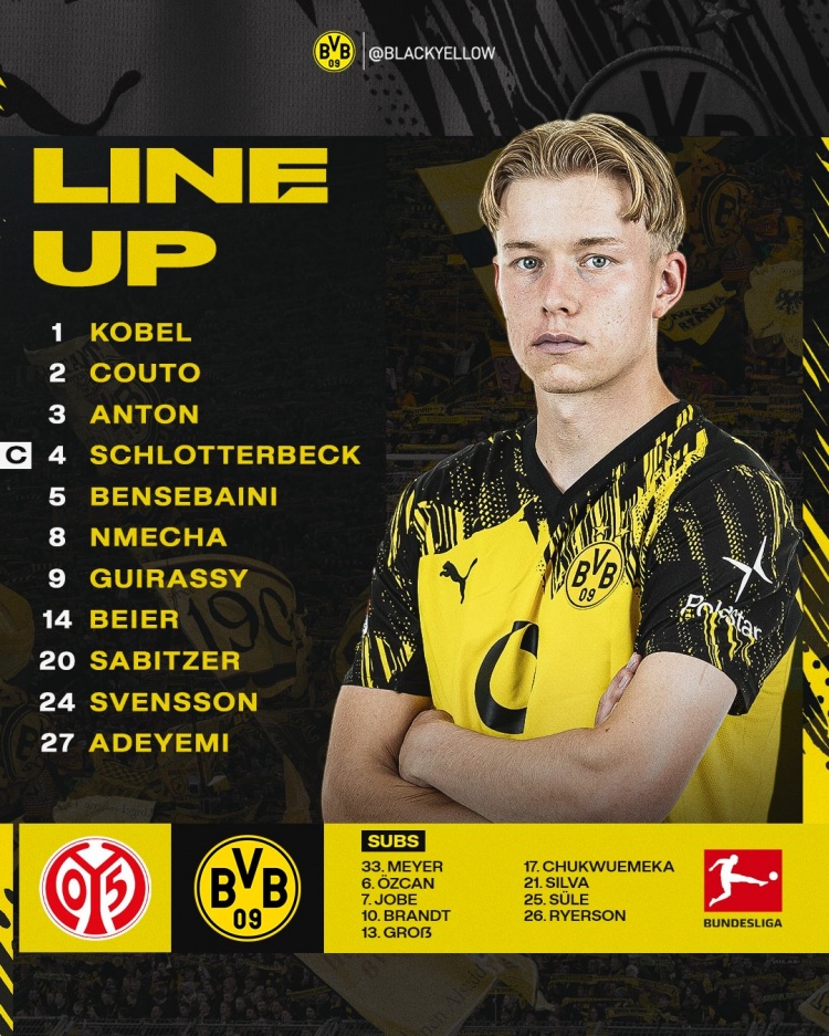 多特vs美因茨首發(fā)：薩比策、阿德耶米在列，吉拉西賽前熱身傷退