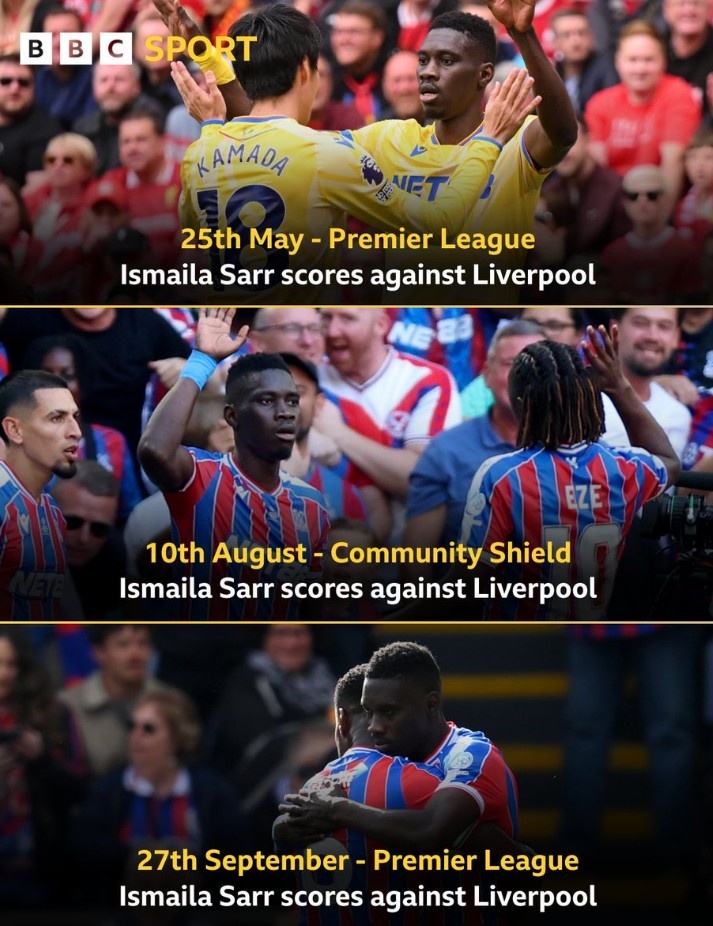 紅軍苦主，水晶宮前鋒薩爾連續(xù)3次面對利物浦均破門