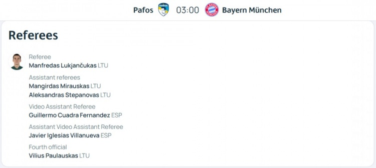 拜仁客戰(zhàn)帕福斯裁判組名單：立陶宛主裁執(zhí)法，西班牙人VAR裁判組