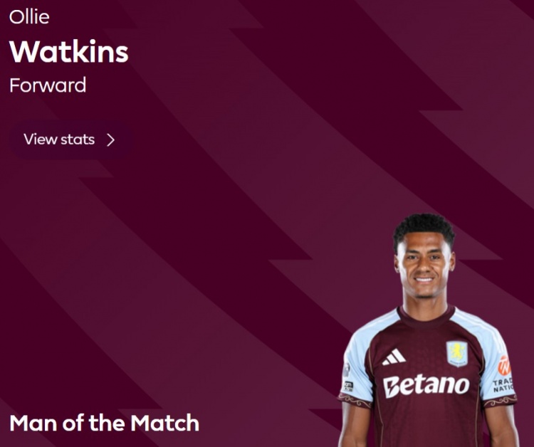 打進(jìn)賽季首球，官方：沃特金斯當(dāng)選維拉3-1富勒姆全場(chǎng)最佳