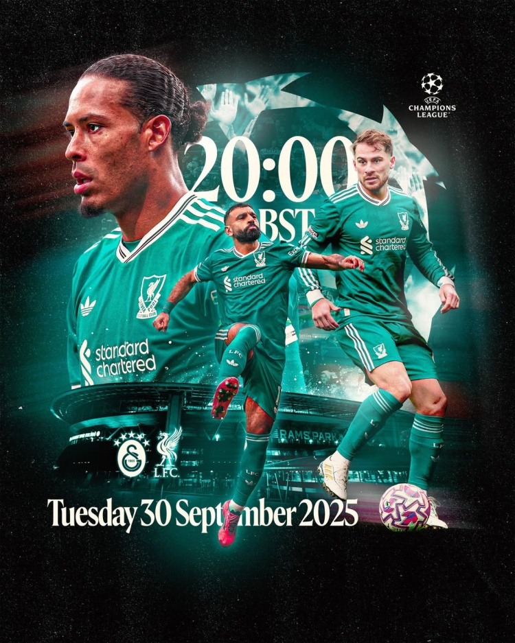 利物浦發(fā)布歐冠海報：薩拉赫、范迪克、麥卡利斯特出鏡
