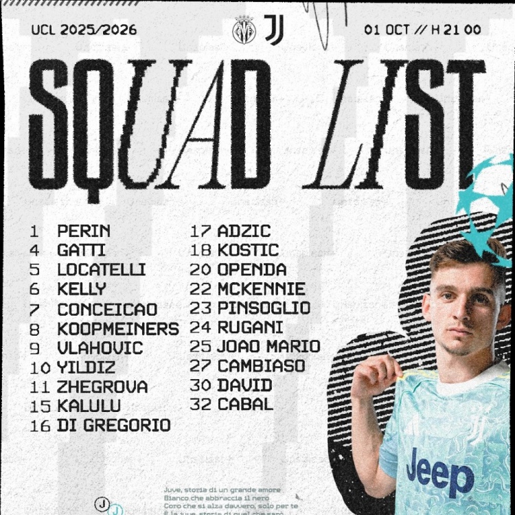 尤文公布歐冠客戰(zhàn)黃潛21人名單：弗拉霍維奇、伊爾迪茲、戴維領銜