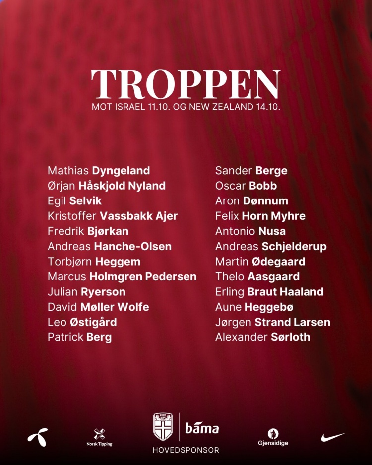 挪威新一期大名單：哈蘭德、厄德高領銜，索爾洛特、拉爾森入選