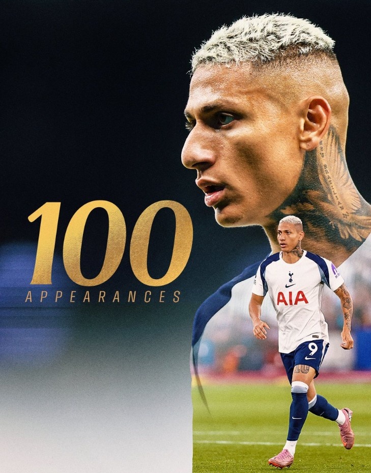 理查利森迎熱刺生涯百場里程碑，此前貢獻(xiàn)23球11助攻