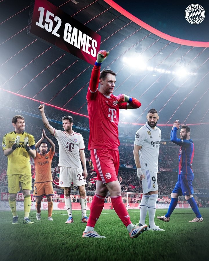 數(shù)據(jù)錯了？拜仁祝賀諾伊爾歐冠152場歷史排名第六，但海報上無C羅