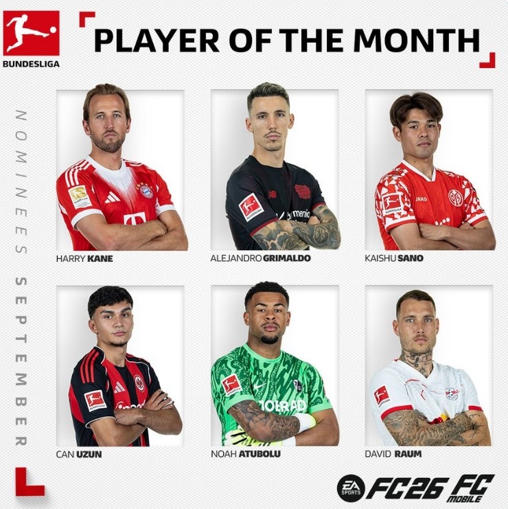 德甲官方9月最佳球員候選：凱恩領(lǐng)銜，格里馬爾多、烏尊在列