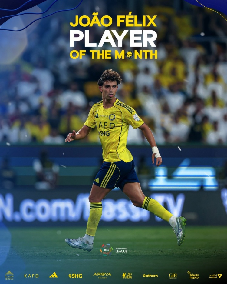 4場(chǎng)5球1助攻！官方：勝利前鋒菲利克斯當(dāng)選沙特聯(lián)9月最佳球員